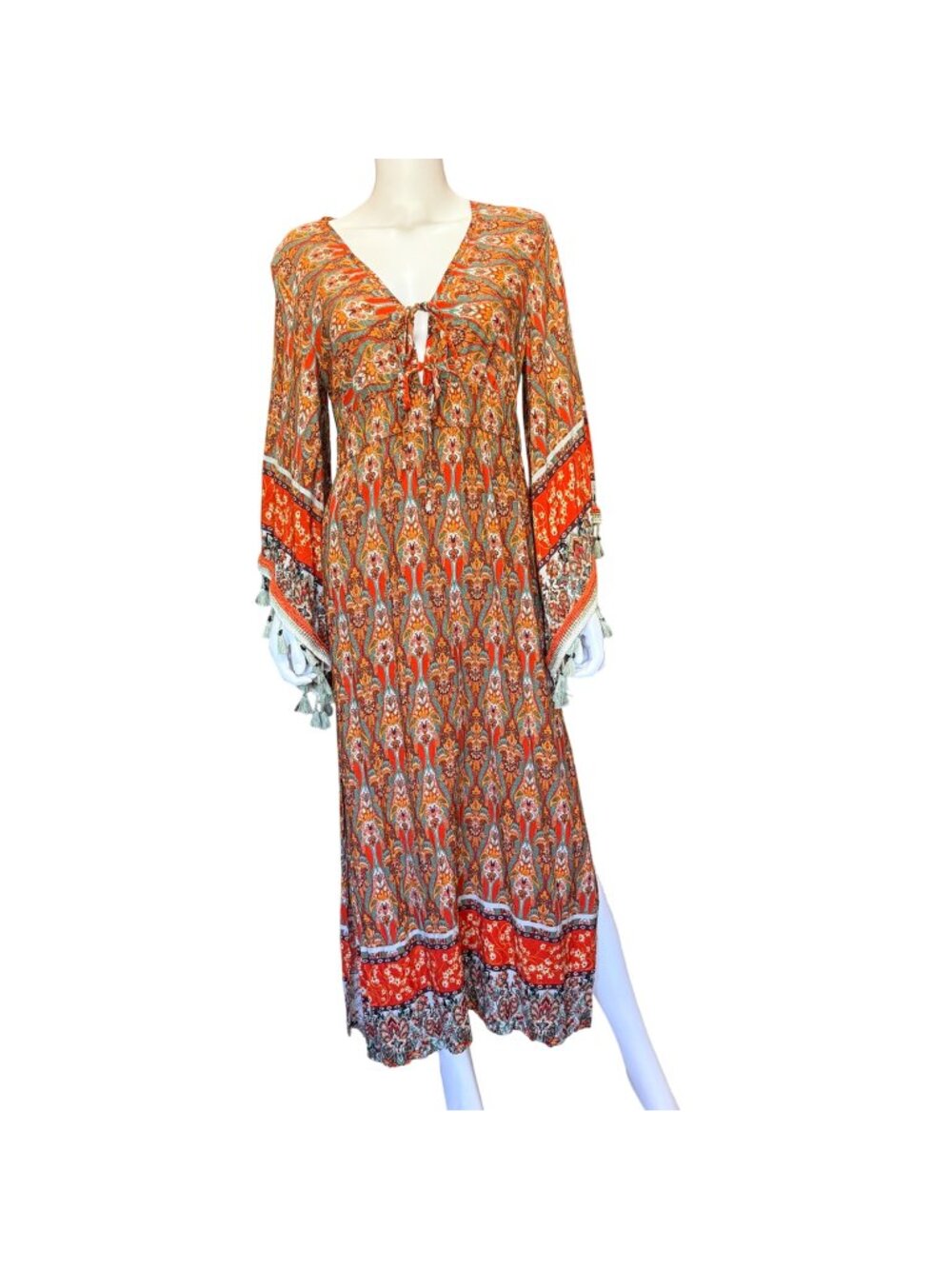 Luukse Womens Bohemian Maxi Dress Orange L Viscose Floral Bell Sleeves Tassels